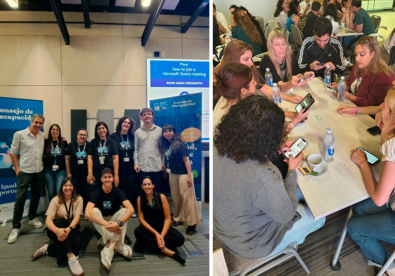 Foto del equipo organizador de disney y Libertate. Y un grupo de personas en una mesa realizando una actividad en braille.