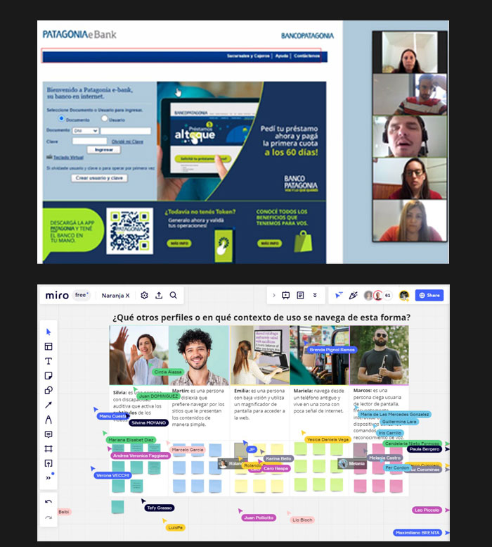 Captura de una formación virtual con Tarjeta Naranja X y de una entrega de diagnóstico de accesibilidad con Banco Patagonia